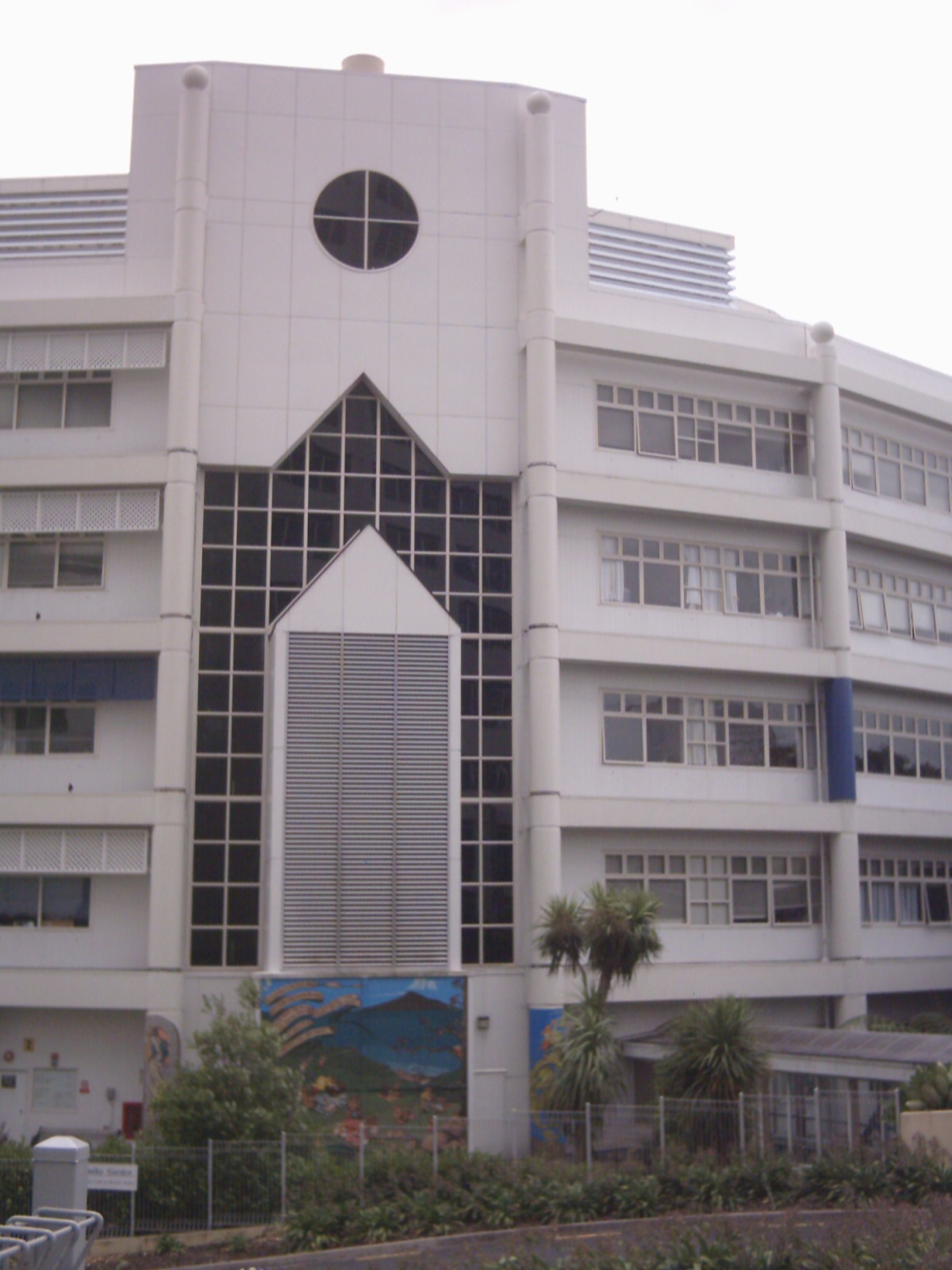 The white front of Starship Children's Hospital in Auckland, with a tall triangular glass window, palm trees and a colorful mural near the entrance