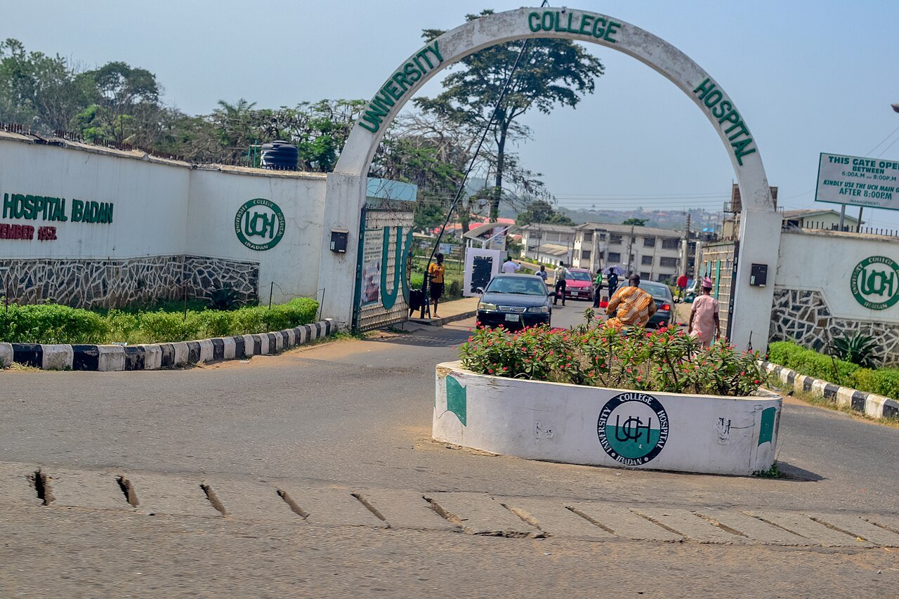 The arched entrance gate of University College Hospital in Ibadan, with green signs, a roundabout planter and cars on the road