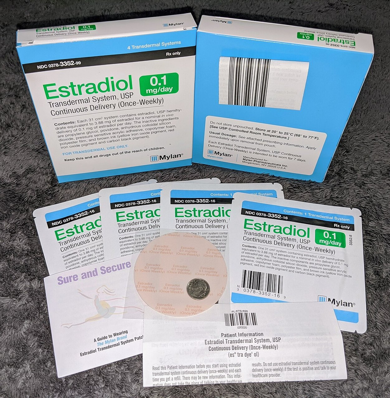 Boxes and foil pouches of estradiol transdermal patches with an unwrapped round patch and a coin for scale, on a gray blanket