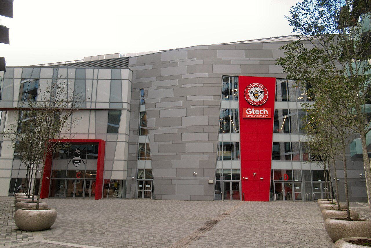 The red and grey front of the Gtech Community Stadium in Brentford, west London