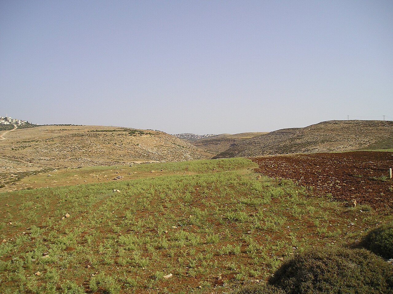 Green and brown fields slope gently toward dry, rolling hills under a pale sky