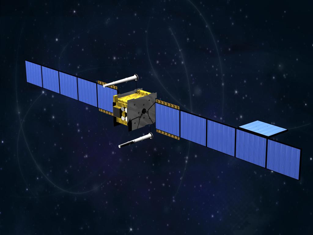Artist's drawing of a box-shaped satellite with long blue solar panels floating against a starry black background