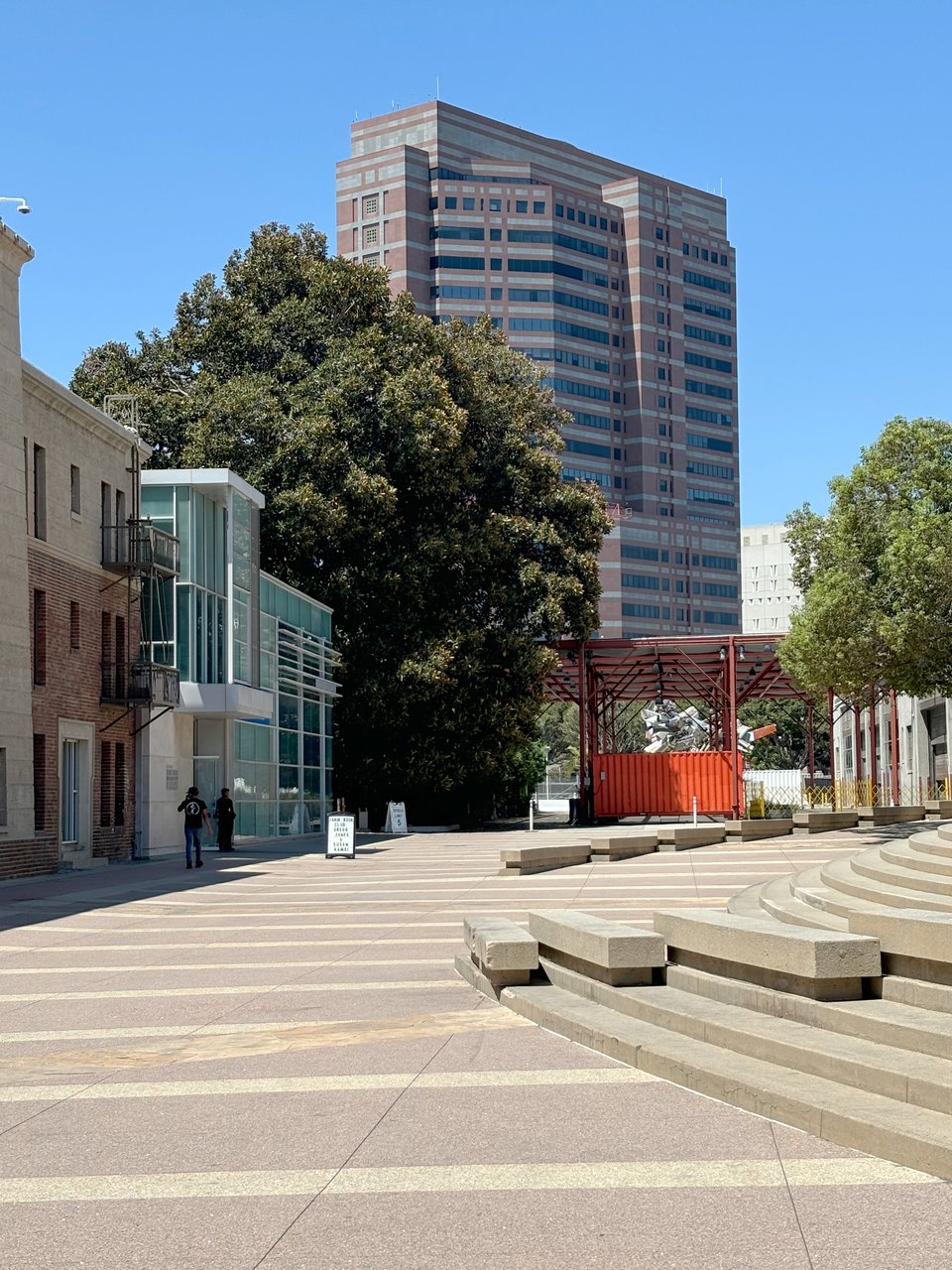 Tall modern federal office building with rows of windows, seen from street level