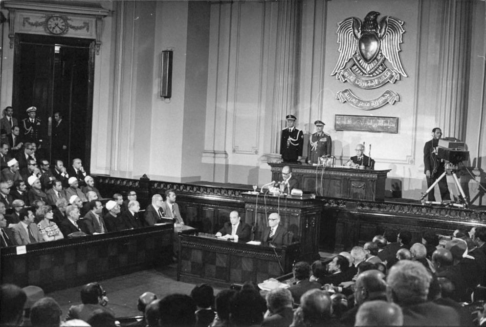 Egyptian People's Assembly chamber in Cairo filled with legislators during a 1977 session