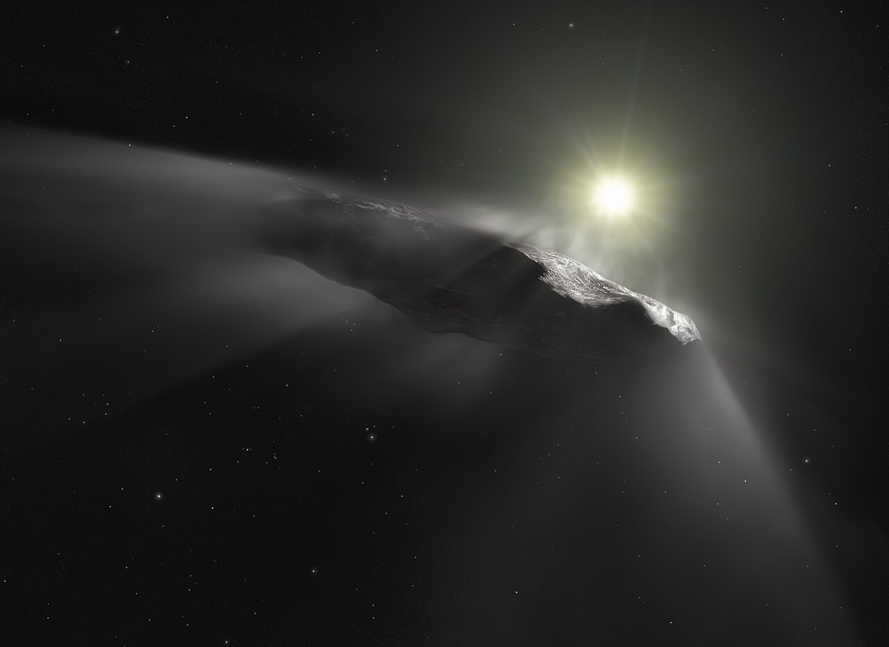 An artist's drawing of a long, dark, rocky object in space, lit by a bright star, with a faint stream of gas flowing from one side