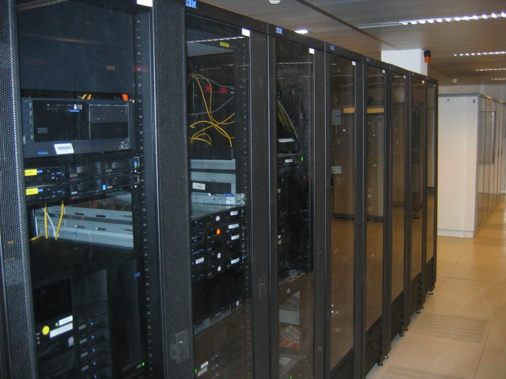 A rack of computer servers in a data center