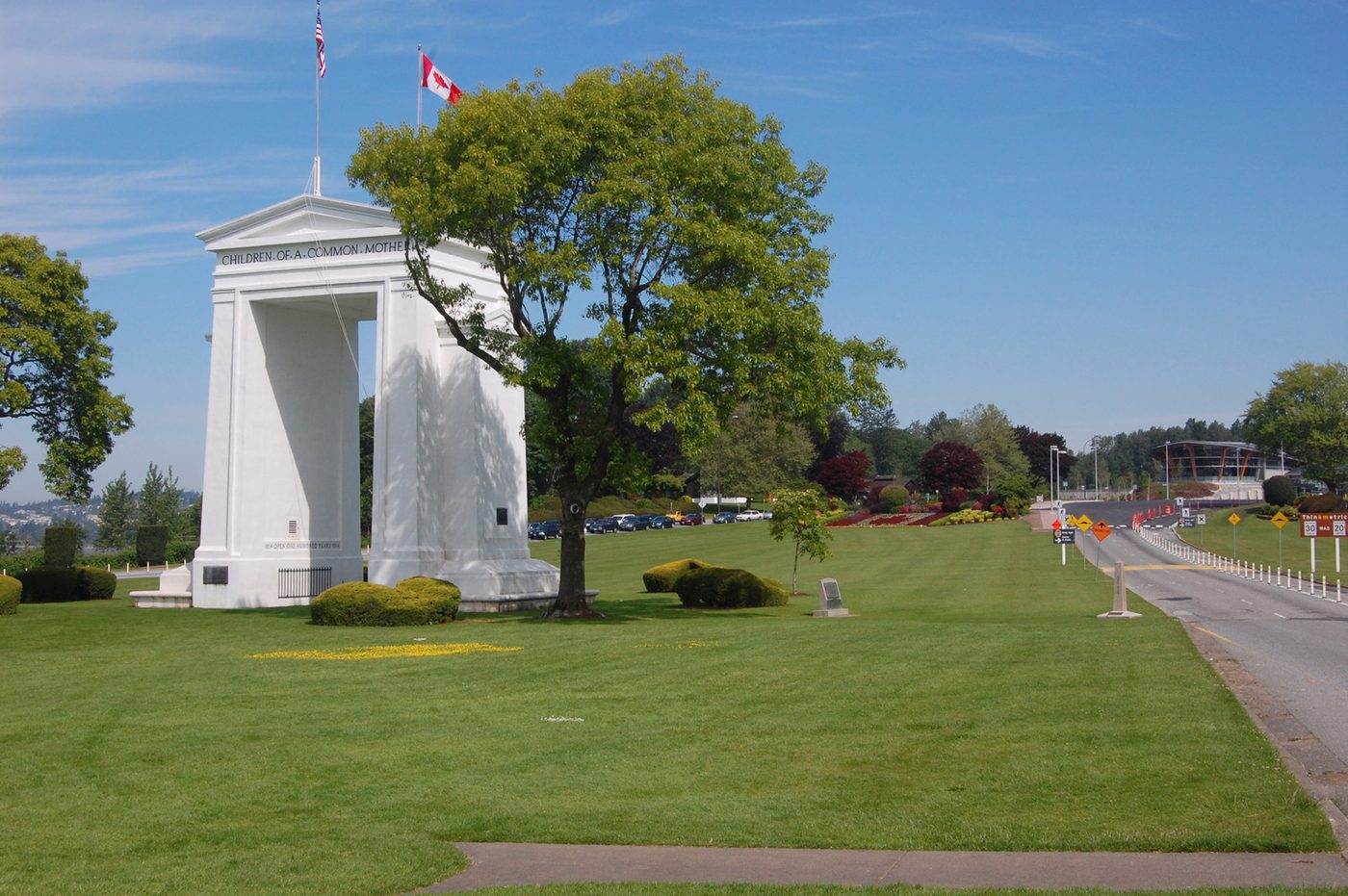 The white Peace Arch monument on the border between Canada and the United States
