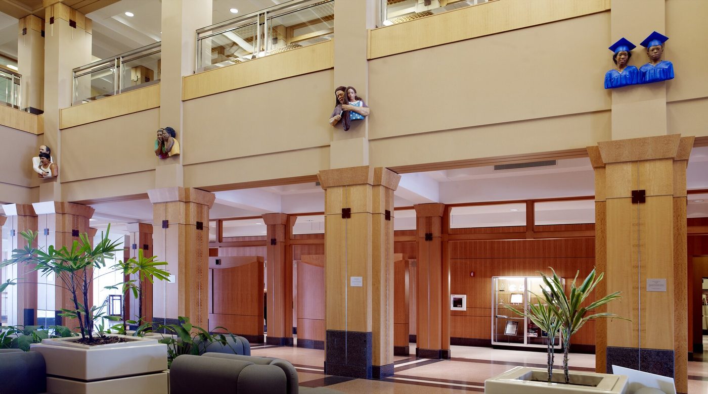 Sculpture honoring Medicare and Medicaid in a lobby