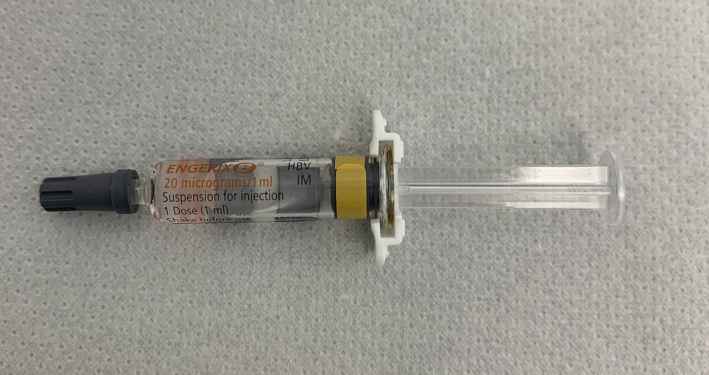A hepatitis B vaccine package with a prefilled syringe