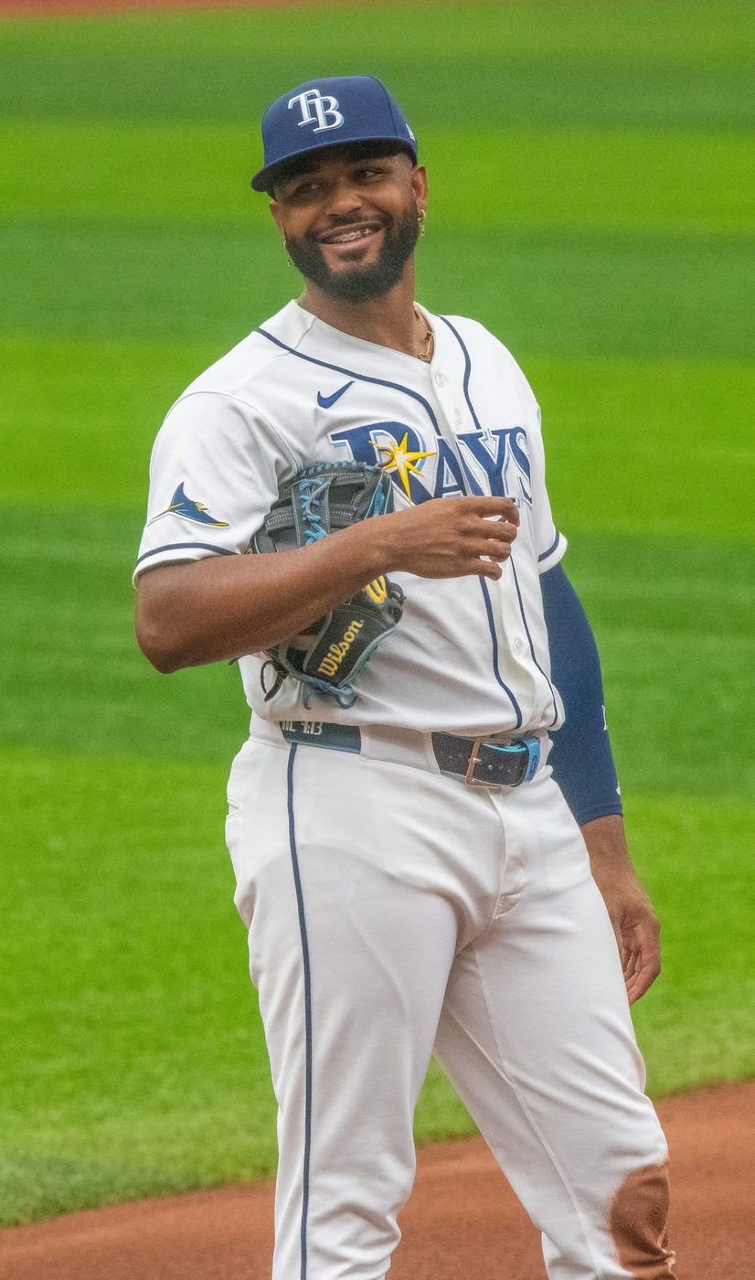 Rays third baseman Junior Caminero in a blue Rays uniform during a game
