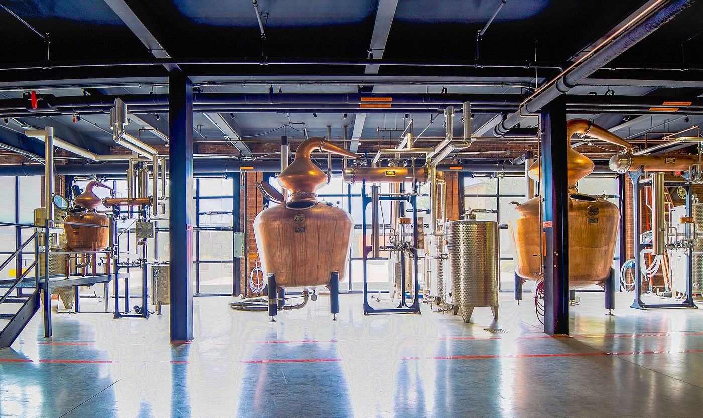 Copper pot stills in a distillery