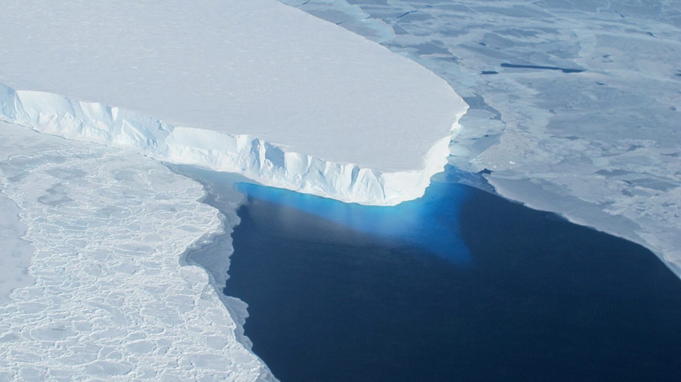 Aerial view of the jagged ice front of Thwaites Glacier in West Antarctica