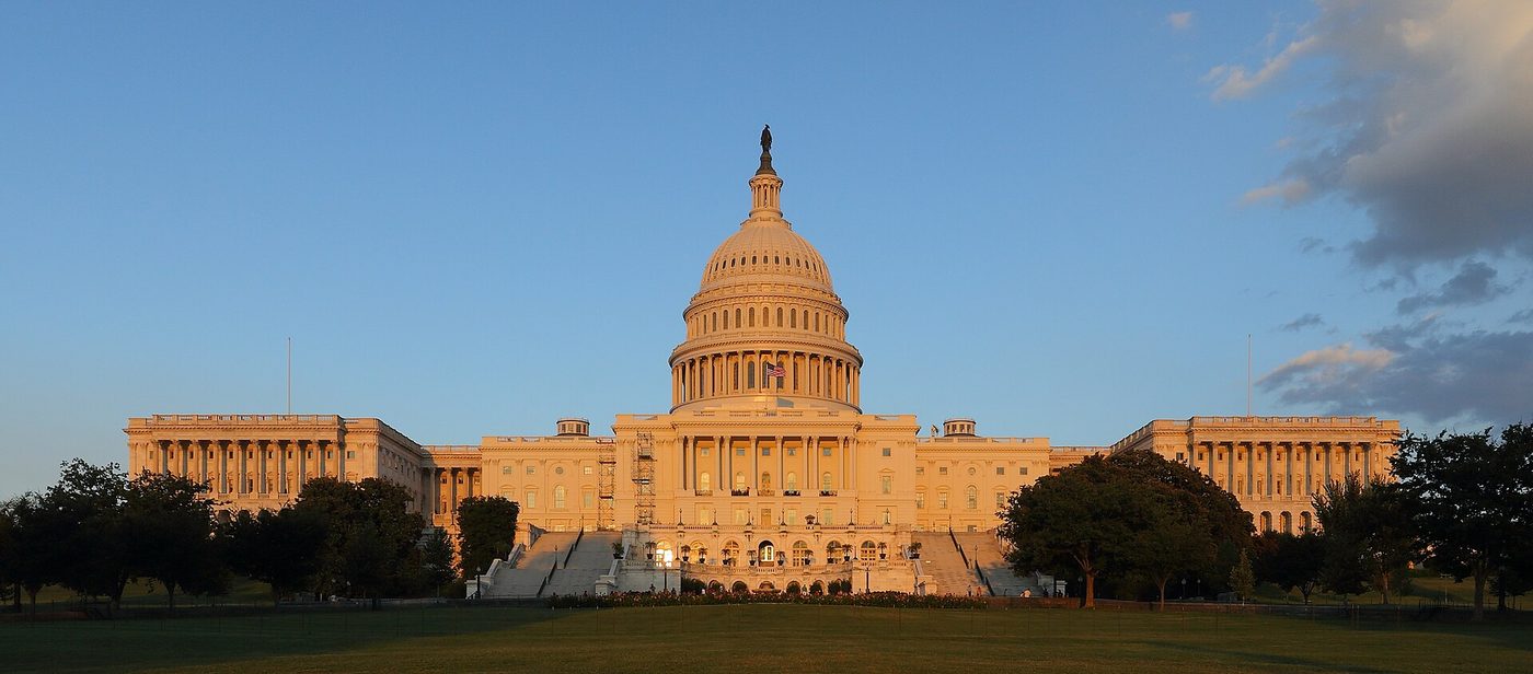 The west side of the US Capitol lit up at dusk