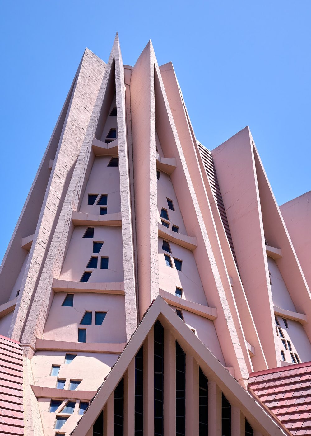 A church building with a tall steeple