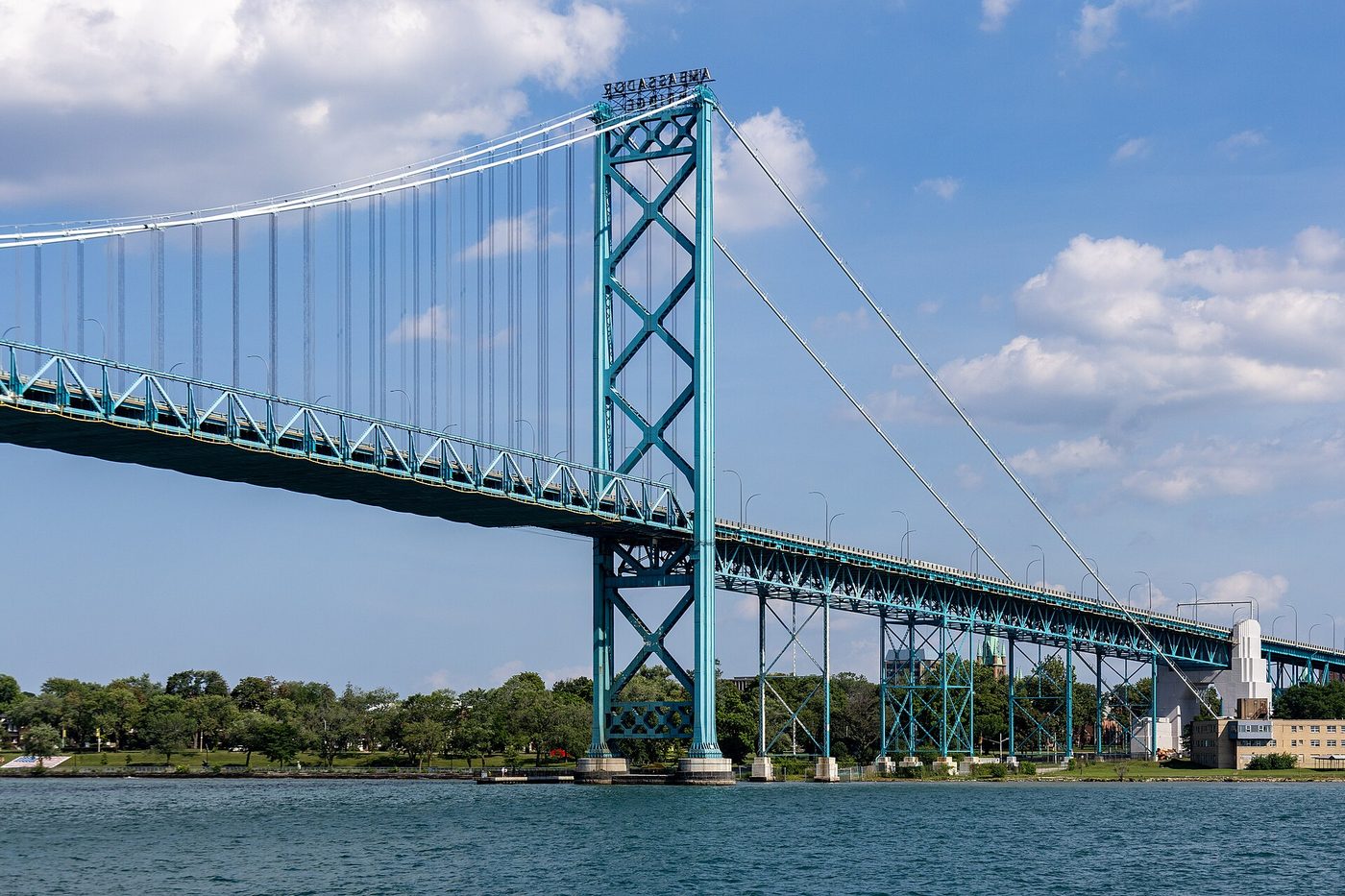 The Ambassador Bridge seen from the Detroit River