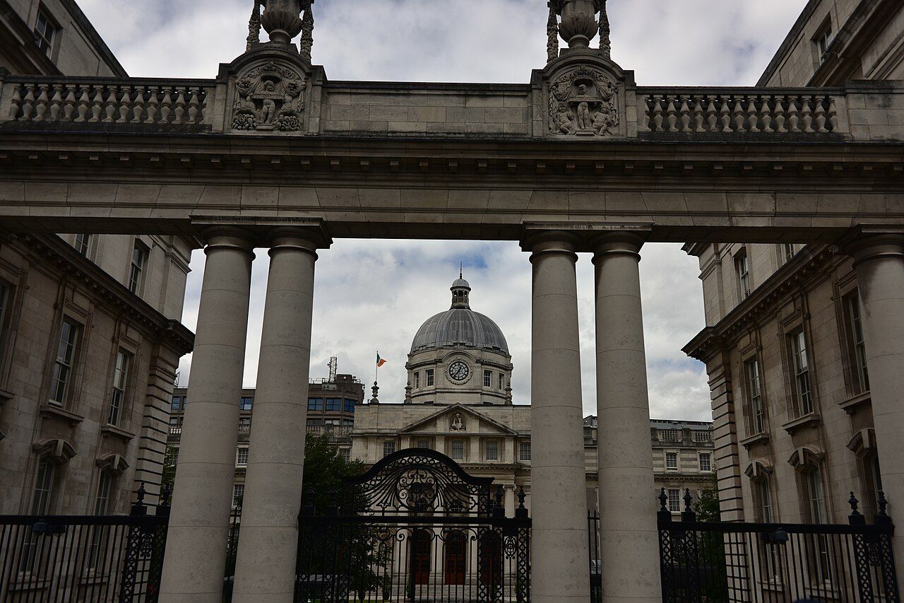 The domed stone facade of Government Buildings in Dublin seen from Merrion Street