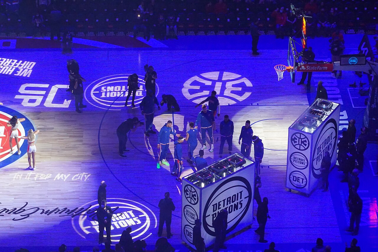Detroit Pistons players introduced on court at a packed arena