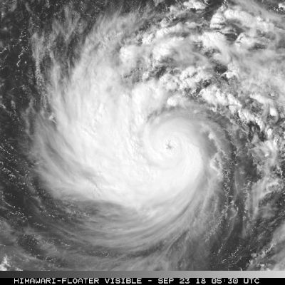 A satellite view of a large typhoon with a clear eye surrounded by swirling white clouds