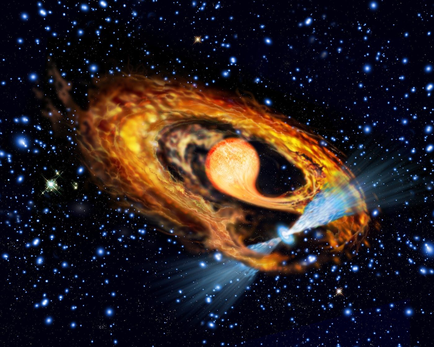 An artist's impression of a pulsar sending out beams of radio waves