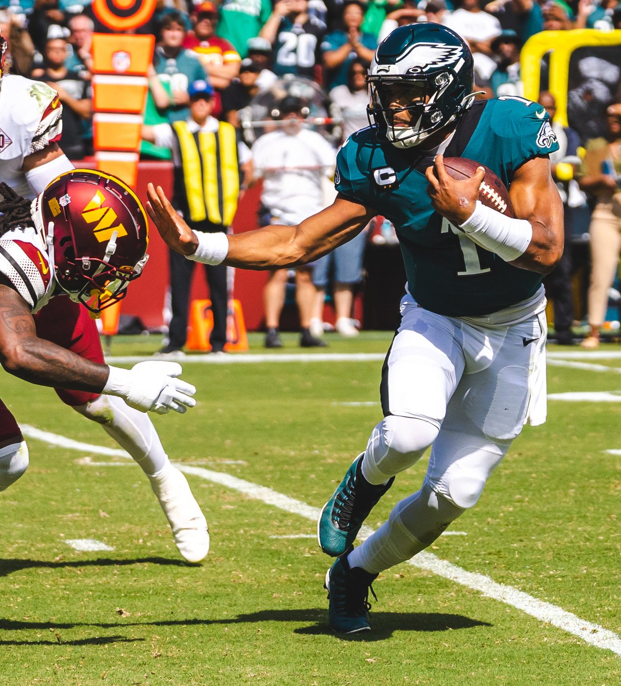 Jalen Hurts in an Eagles uniform on the field