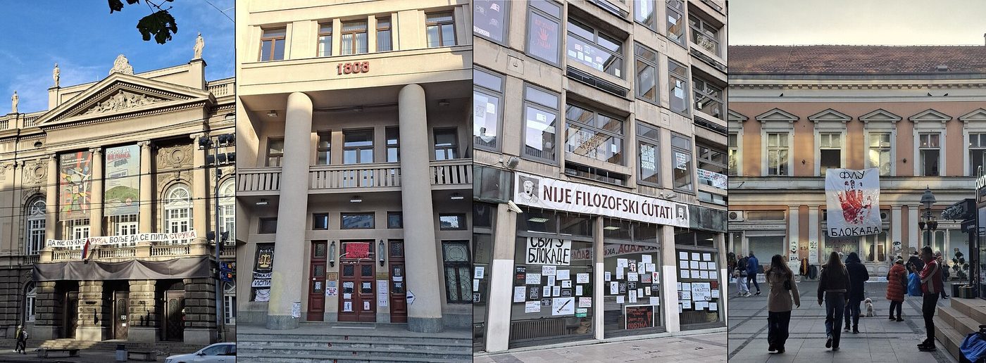 Students blocking the entrance to a university faculty in Belgrade