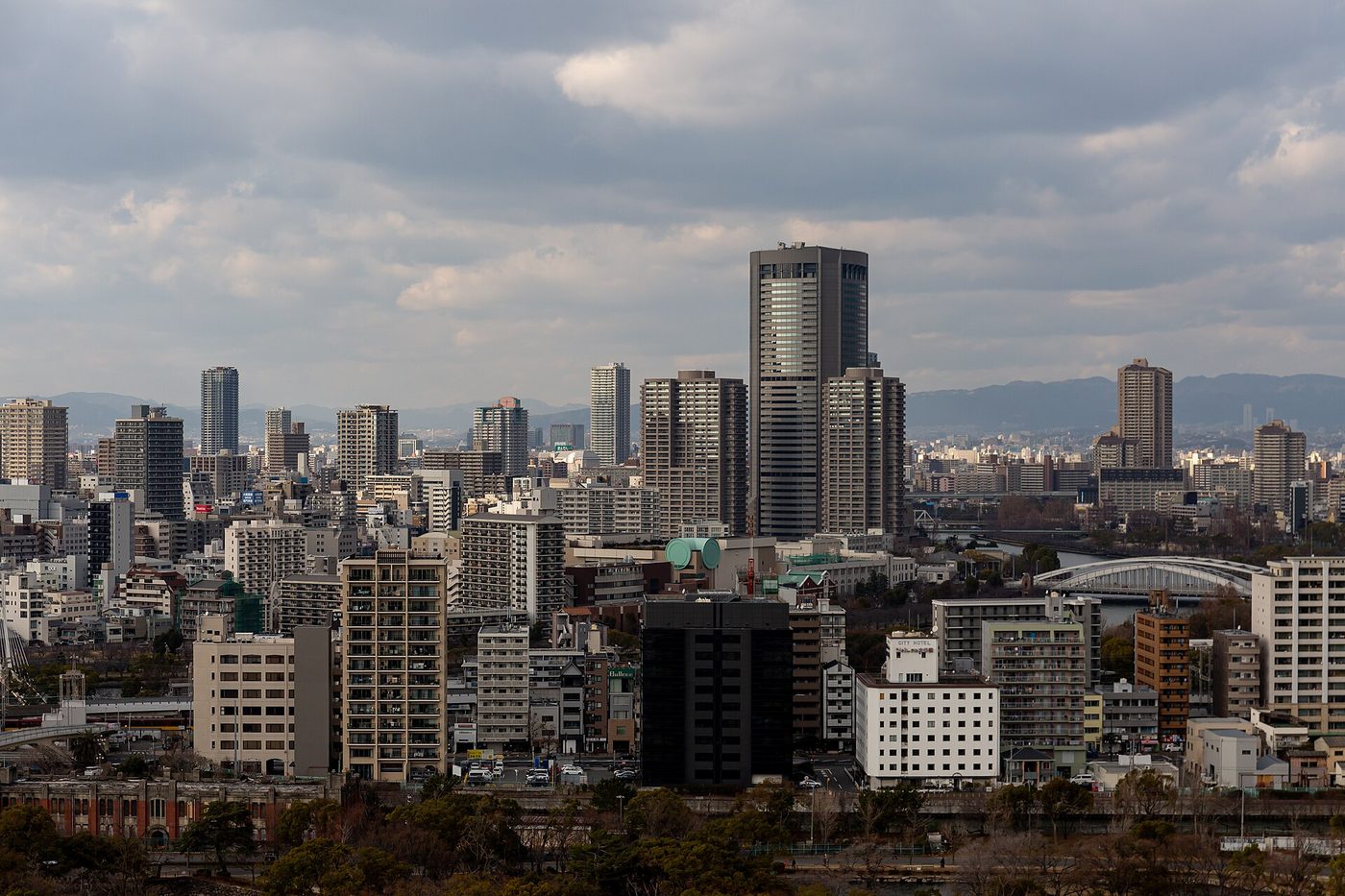 The Osaka skyline seen from Osaka Castle