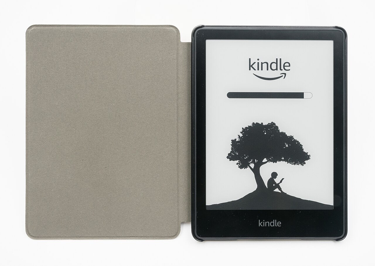 An Amazon Kindle Paperwhite e-reader