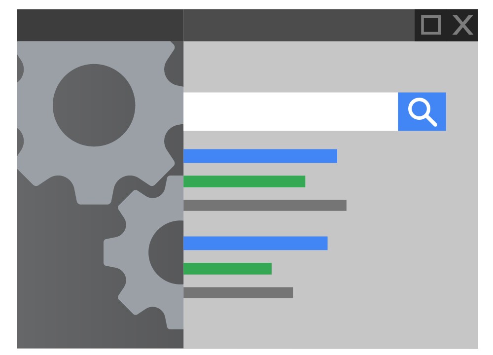 An illustration of a web browser window with a search page and a gear icon