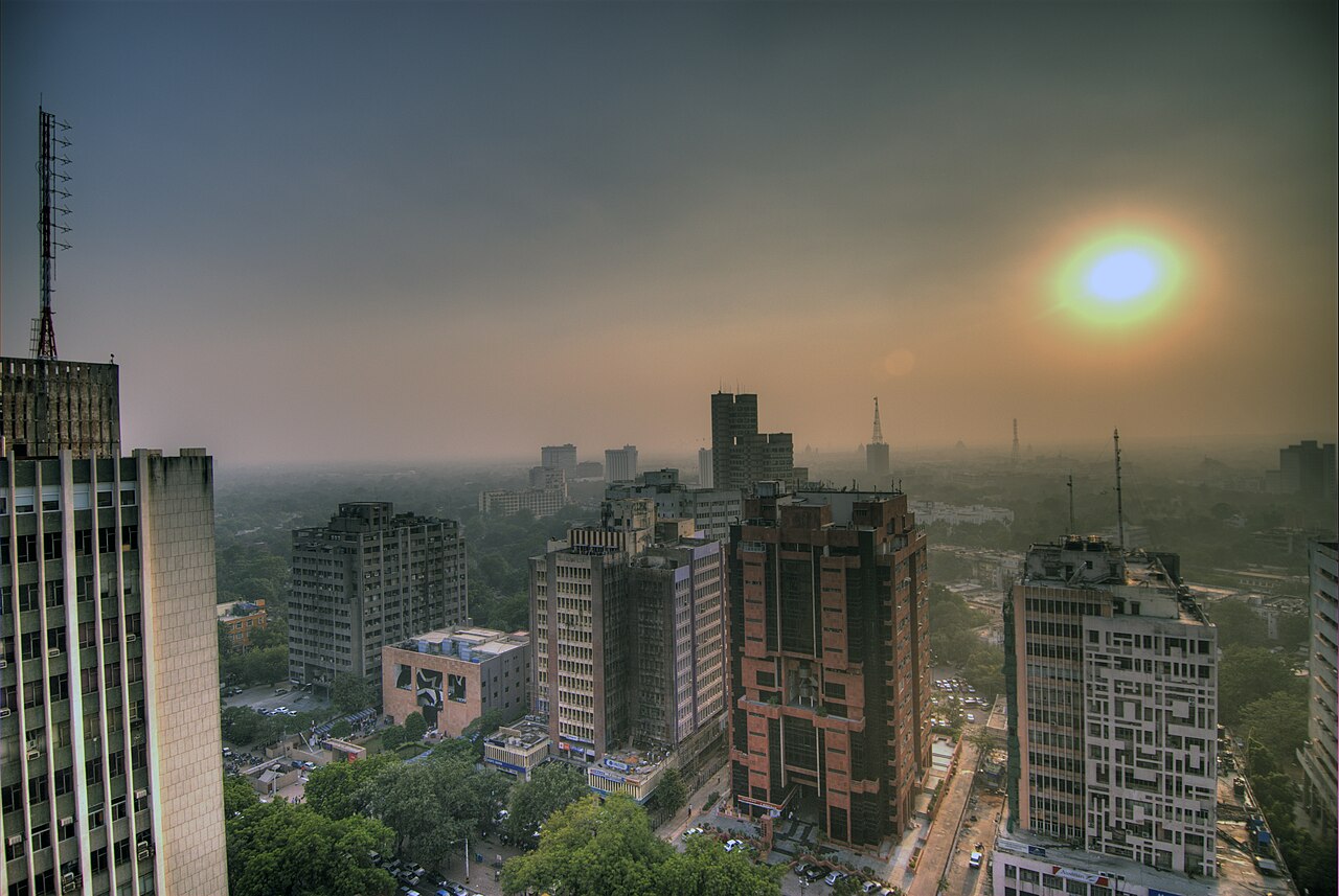 Thick smog hangs over buildings in Delhi, India