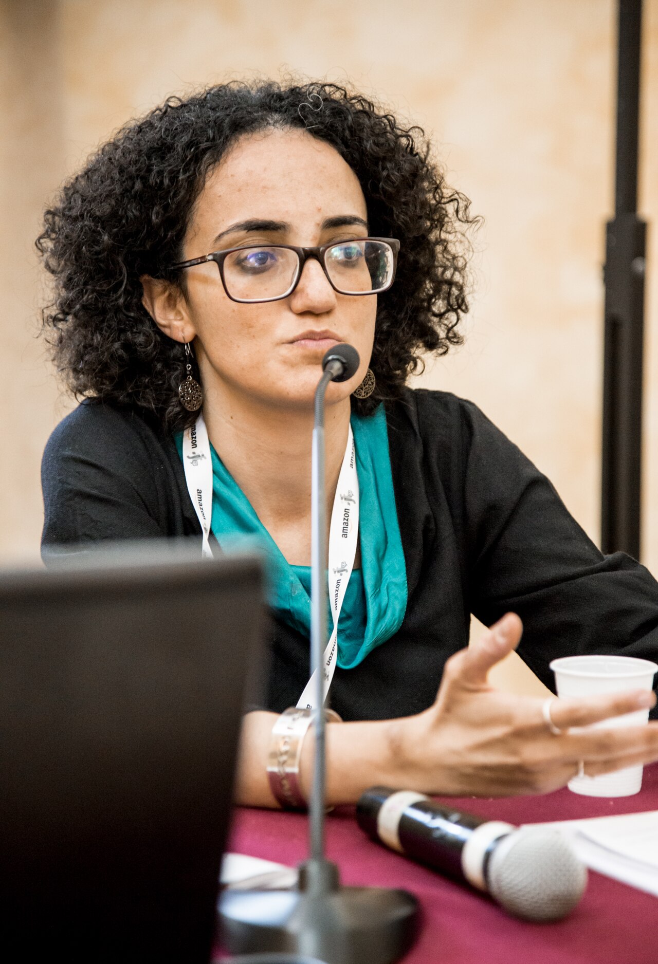 Egyptian journalist Lina Attalah speaking at a journalism festival