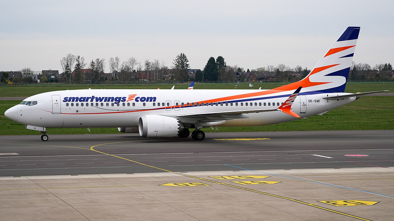 A Smartwings Boeing 737 Max 8 jet parked at Braunschweig Airport