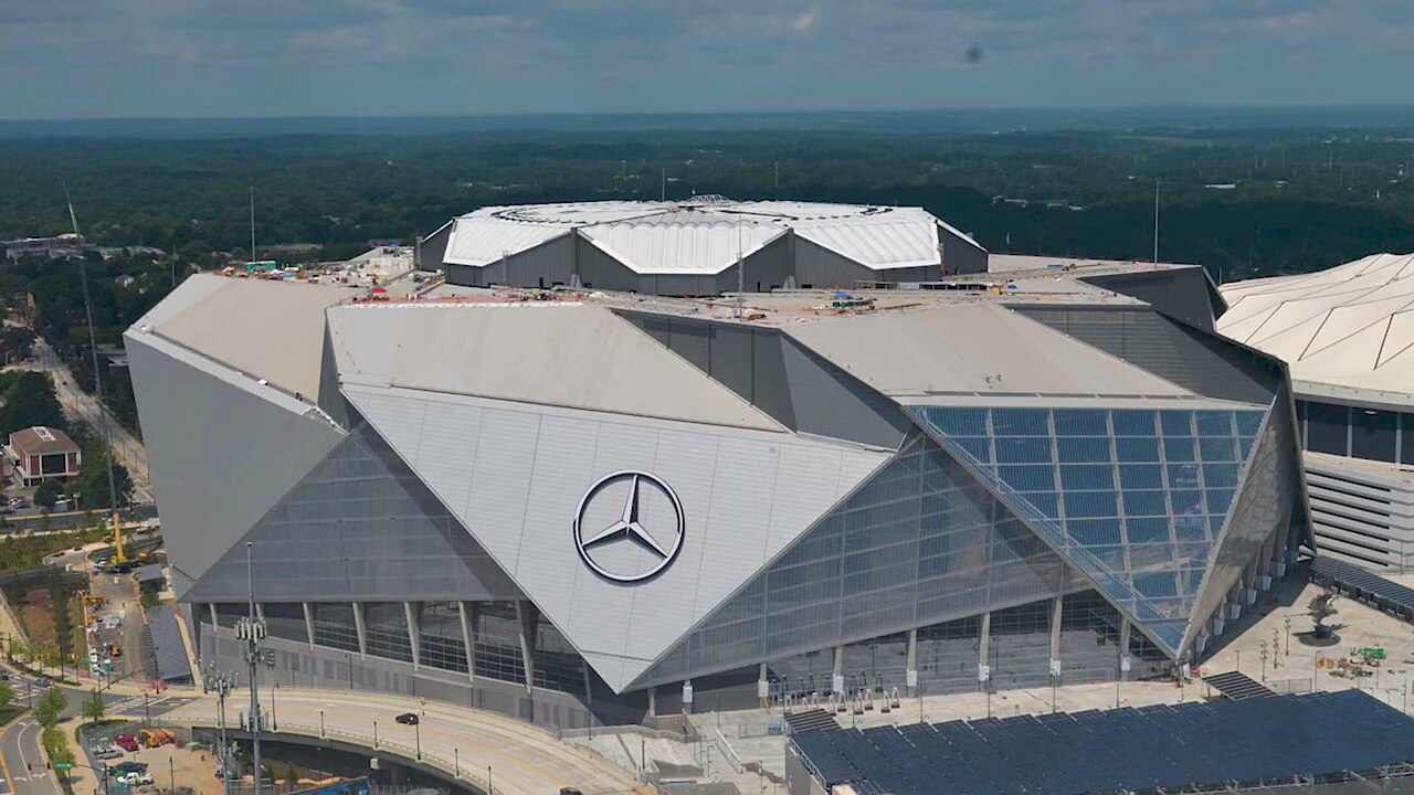 Mercedes-Benz Stadium in Atlanta seen from above in a time-lapse capture