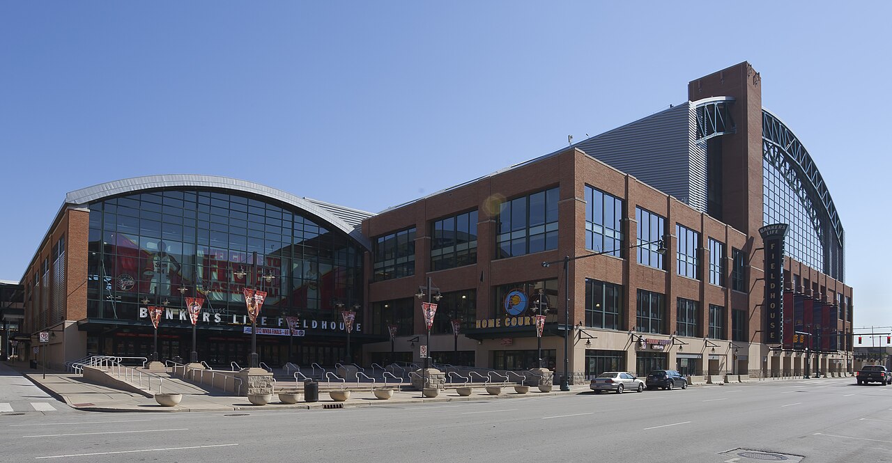 The outside of the Indiana Pacers' arena in downtown Indianapolis