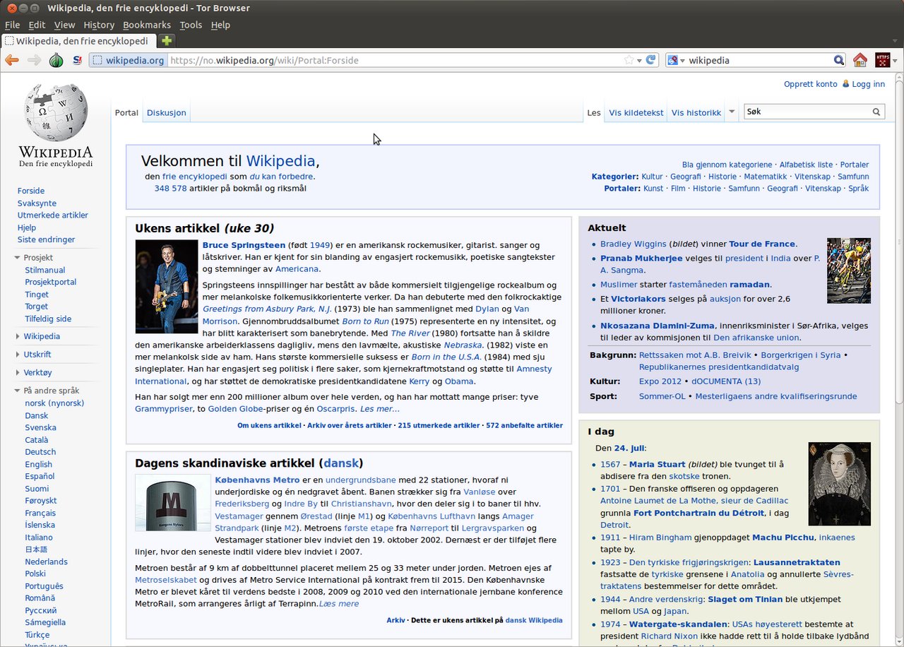 A screenshot of the Tor Browser showing a Wikipedia page