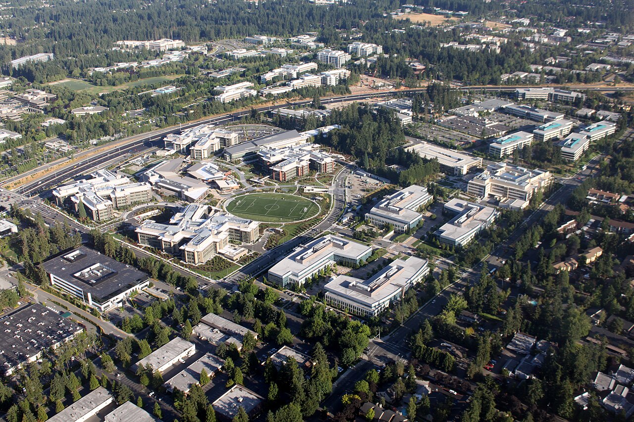 An aerial view of Microsoft's west campus in Redmond, Washington