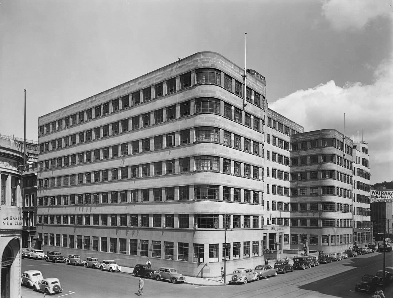 A black-and-white photo of a multistory office building in Wellington