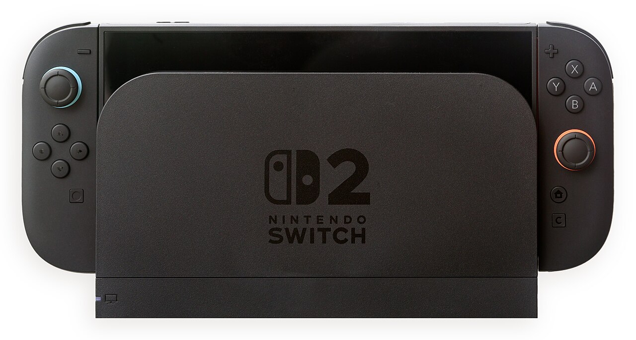 A Nintendo Switch 2 console sitting in its dock