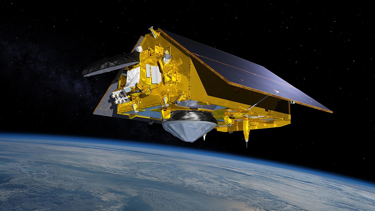 An illustration of an Earth-observing satellite with solar panels in orbit above Earth