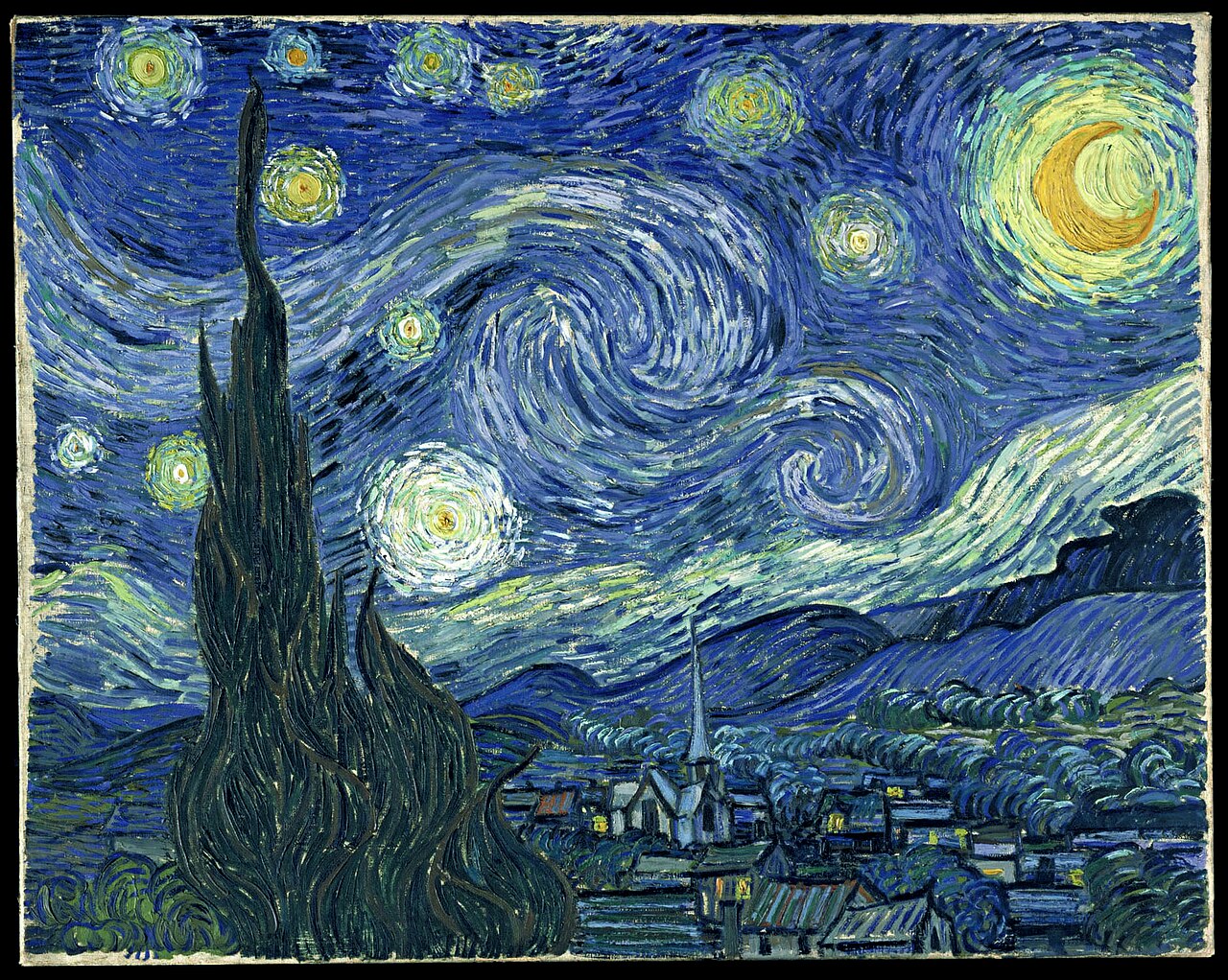 Van Gogh's painting of a swirling night sky over a village with a cypress tree