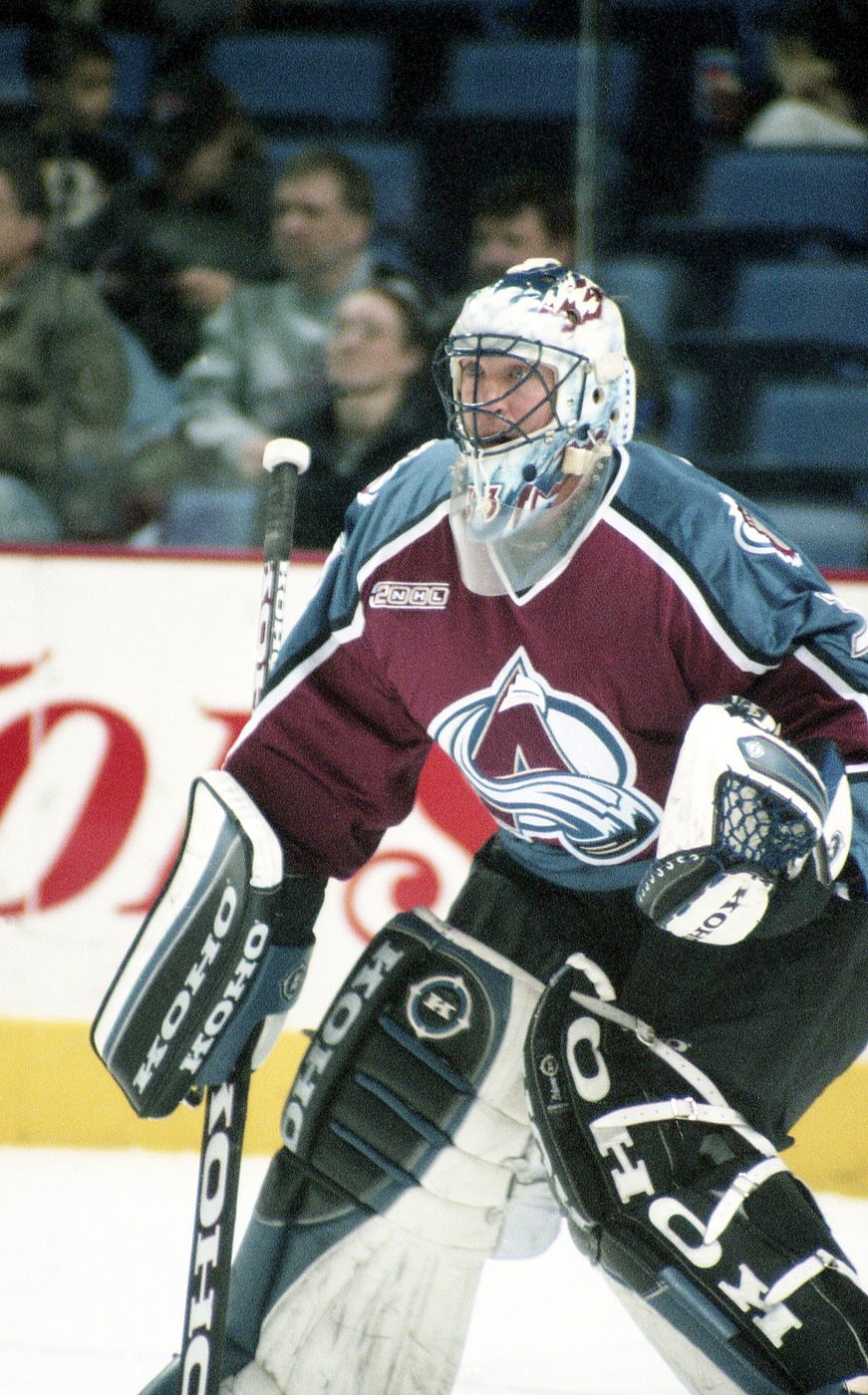 Hockey Hall of Fame goaltender Patrick Roy practicing with the Colorado Avalanche before a game in Buffalo, New York ...