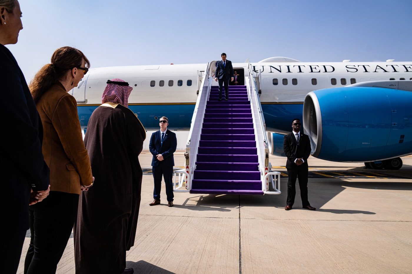 Official arrival scene at King Khalid International Airport in Riyadh