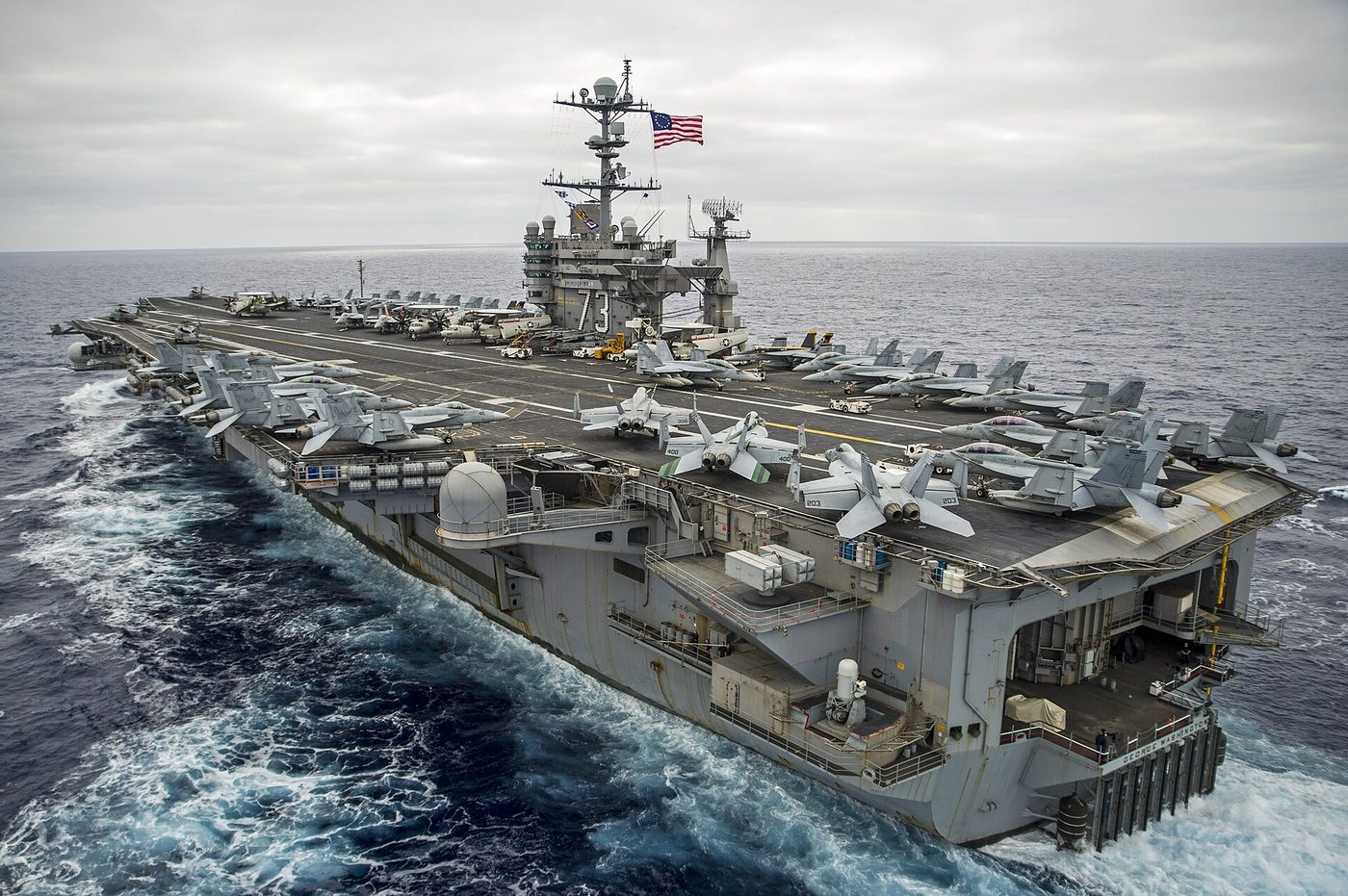 USS George Washington aircraft carrier underway with aircraft on deck