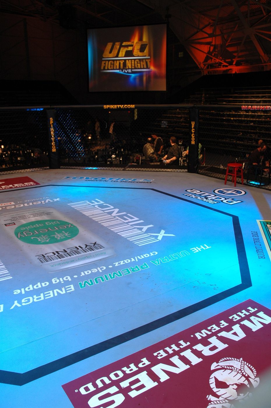Empty UFC octagon under arena lights