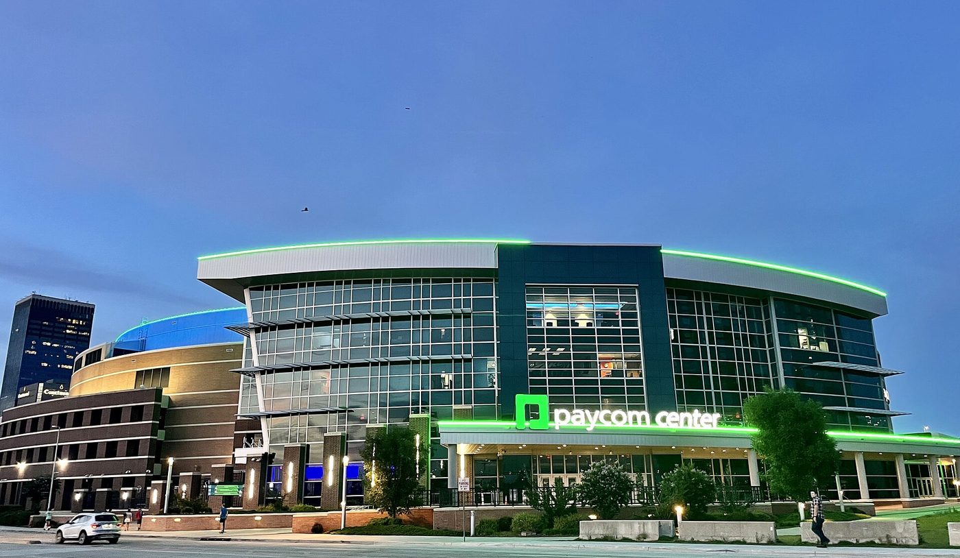 Paycom Center arena exterior in downtown Oklahoma City