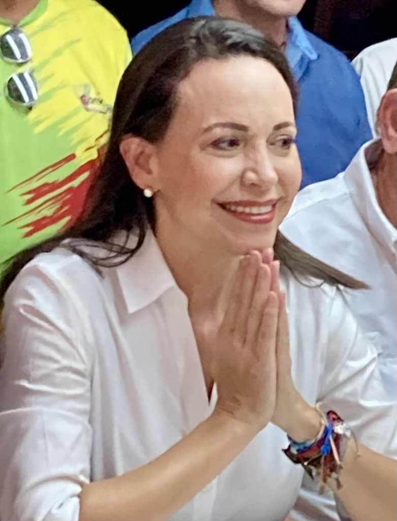 María Corina Machado at a 2023 press conference in Valencia, Venezuela