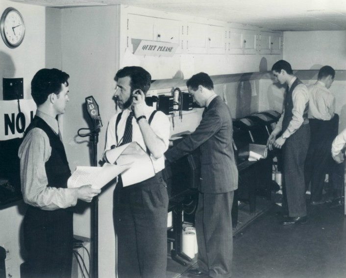 NBC radio news room with vintage microphones