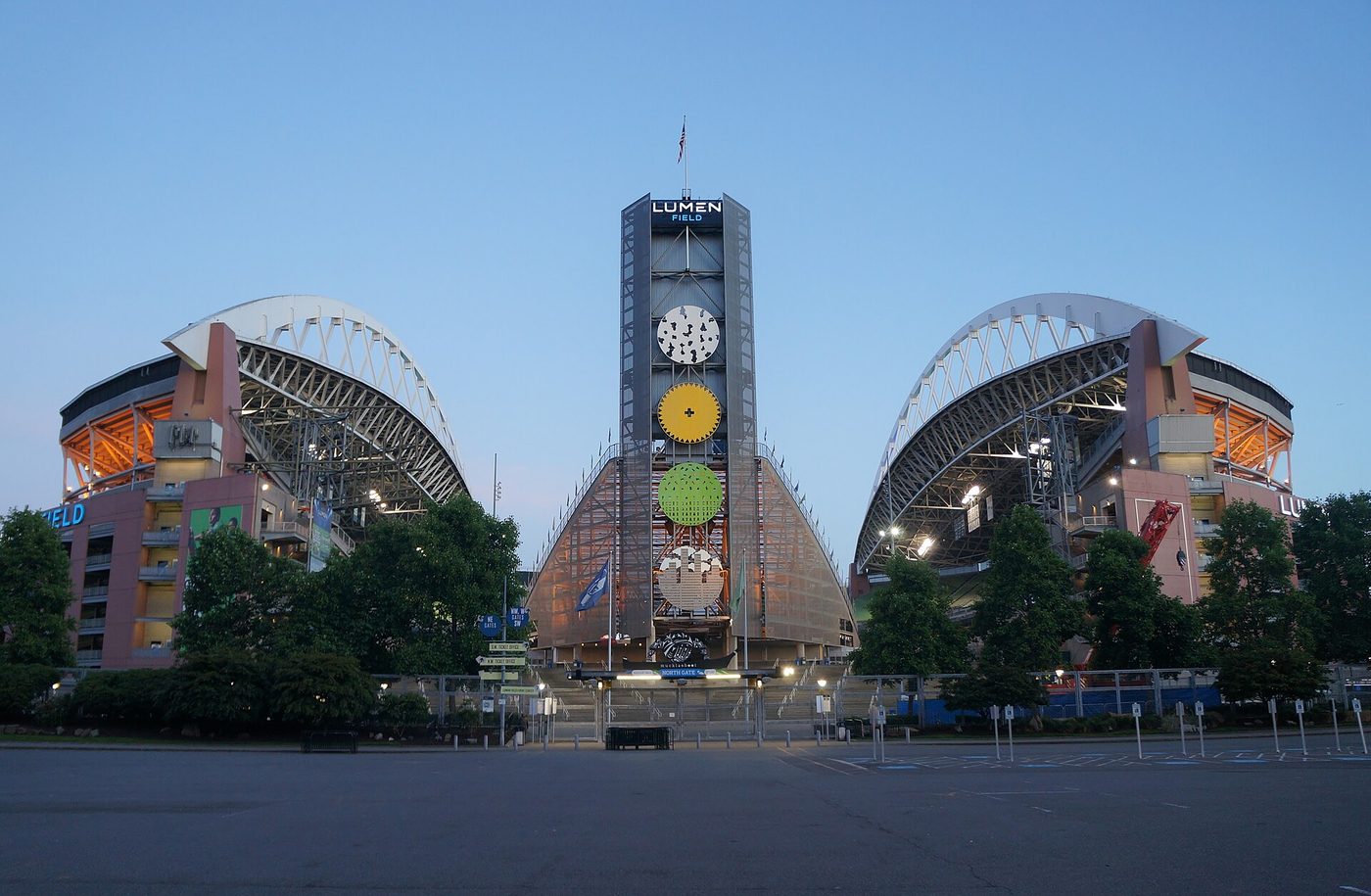 Lumen Field stadium north side at dusk in Seattle