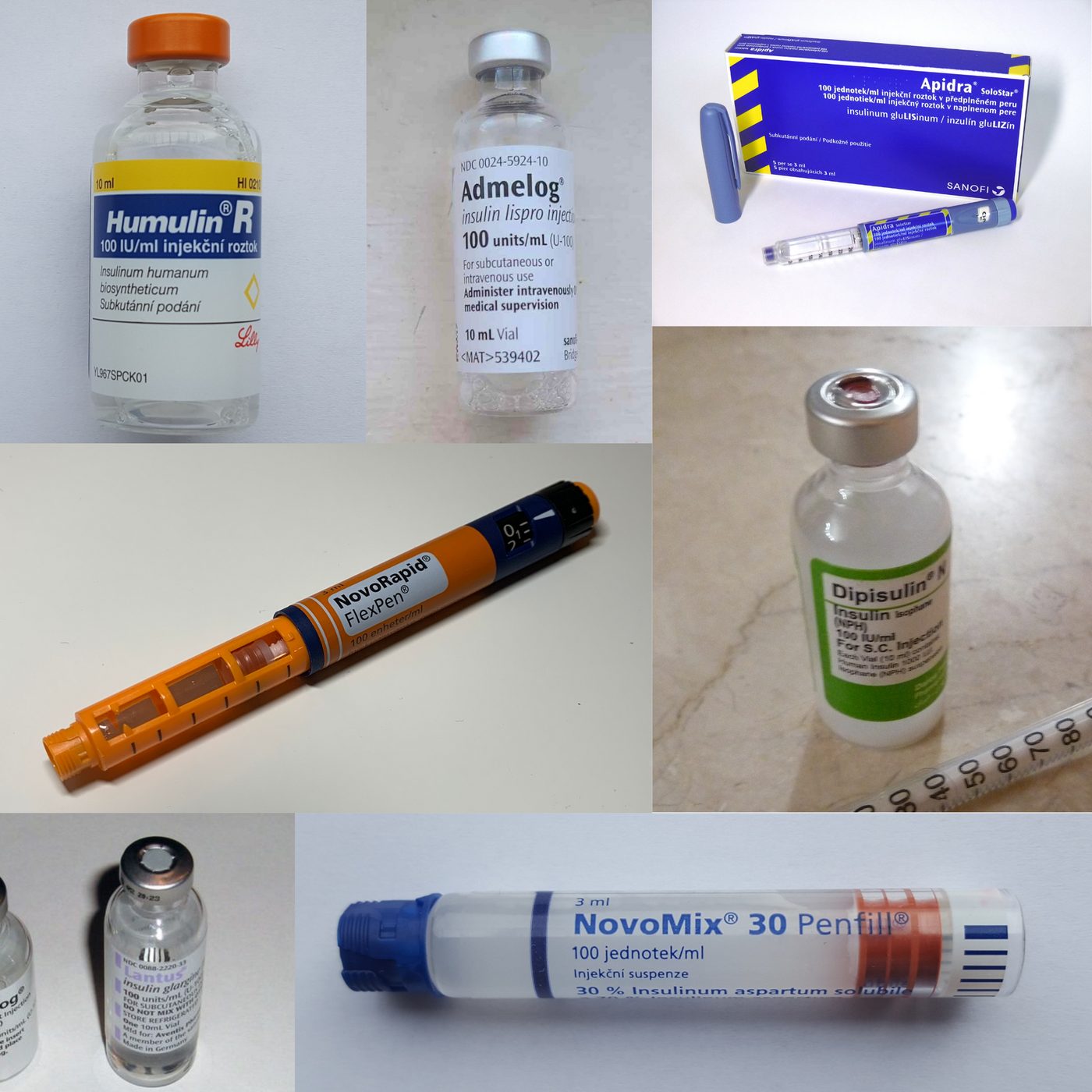 Insulin vials and related diabetes supplies collage