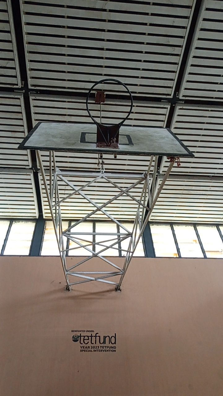 Indoor basketball hoop above a gymnasium court