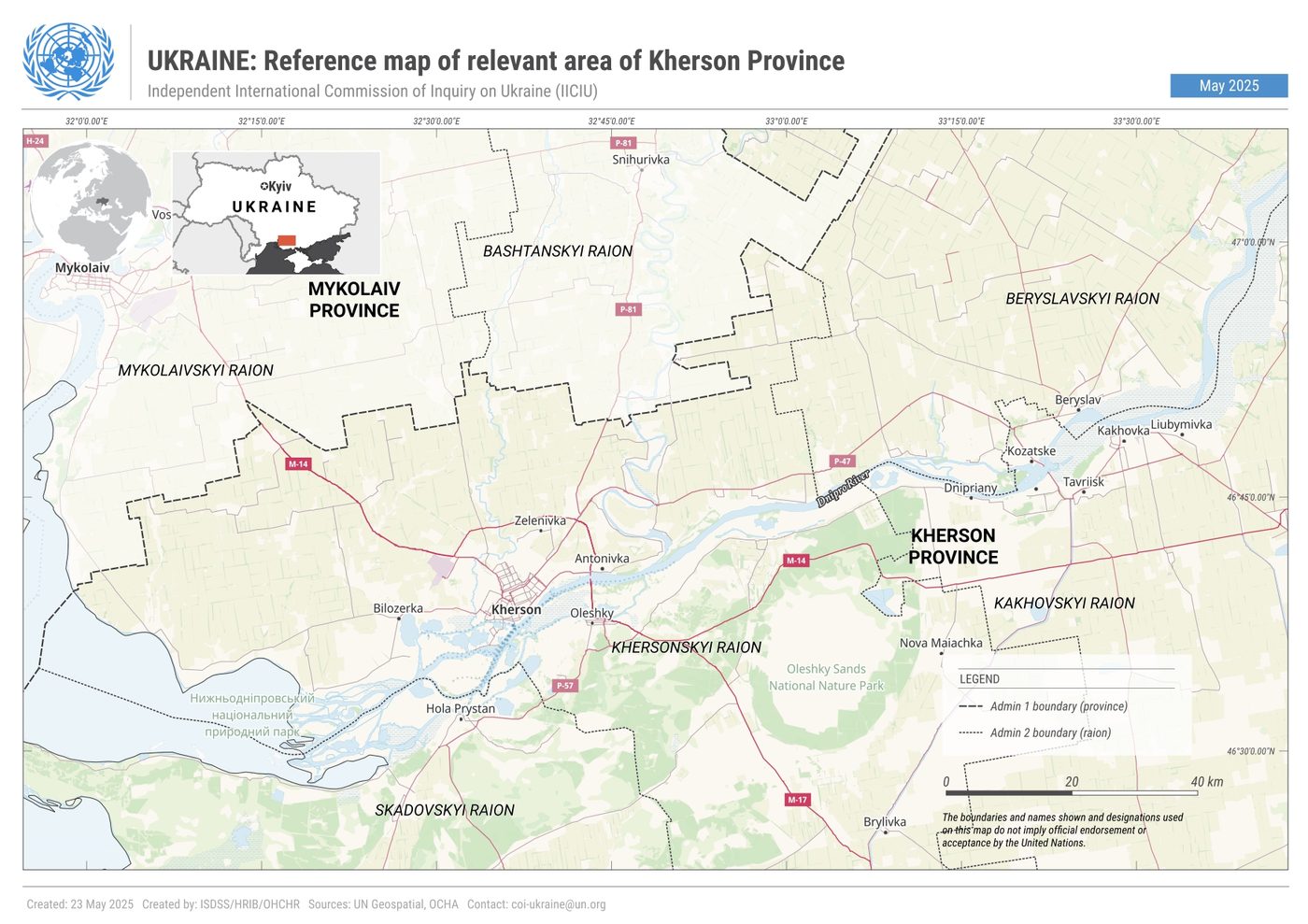 Reference map of Kherson Province showing Oleshky on the Dnipro